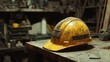 © The 2R Artificiality - Worn yellow hard hat sits on a dusty workbench in an industrial workspace showcasing a sense of labor and dedication to craftsmanship