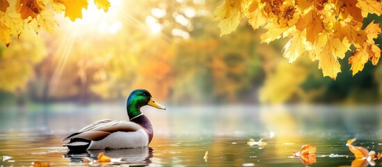 Poster - Wild duck swimming on serene green lake with autumn foliage and soft sunlight creating a tranquil natural scene with space for text
