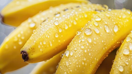 Poster - Fresh ripe yellow bananas glistening with water droplets on a clean white background showcasing their vibrant color and texture.