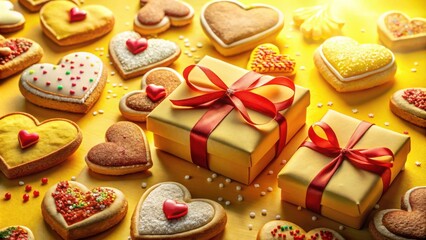 Poster - A festive arrangement of heart-shaped cookies and golden gift boxes, adorned with red ribbons, create a delightful scene of love and celebration.