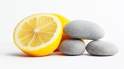 Poster - Coral Nugget Pebble Stacked with Fresh Lemon Slice on a Clean White Background for Wellness and Spa Themes