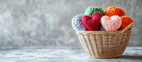 Poster - Yarn balls in a basket with crocheted hearts on a textured background for creative text or product showcase