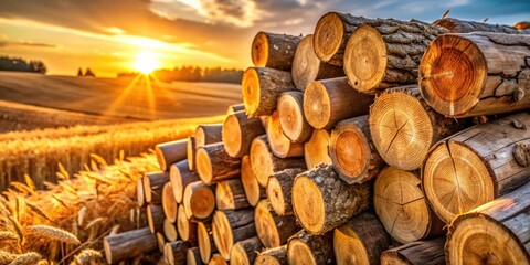 Poster - Golden Hour Glow Bathes a Stack of Logs in the Warm Light of the Setting Sun