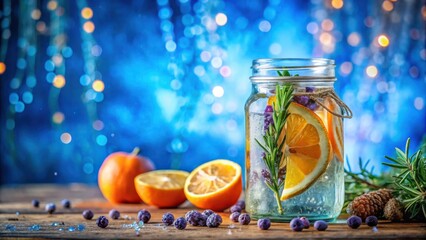 Poster - A Refreshing Citrus and Rosemary Infusion in a Glass Jar with a Festive Blue Bokeh Background