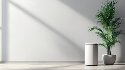 Poster - modern corner featuring a smart speaker and a decorative plant with ample empty copyspace for text o
