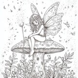 Enchanted Fairy on Mushroom: Line art drawing of a whimsical fairy sitting on a giant mushroom in a magical garden, surrounded by butterflies, birds, and flowers. Perfect for coloring books.