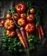 © Shanon - Vibrant harvest of fresh tomatoes and carrots with greenery on rustic fabric