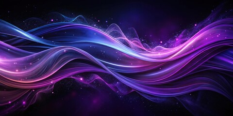 Poster - Abstract swirling light streaks in vibrant purple and blue hues against a black background with glittering particles