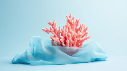Poster - Coral piece elegantly displayed on soft blue fabric with empty copyspace for creative design and marketing purposes.