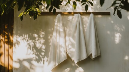 Wall Mural - Soft White Terry Towels Hanging on Wooden Rail Against a Sunlit Wall Surrounded by Greenery and Gentle Shadows