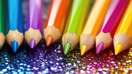 Colorful colored pencils arranged in a vibrant spectrum on a sparkling background representing creativity and education for students