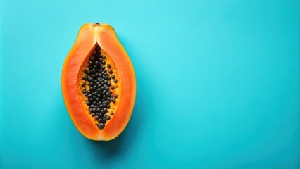 Poster - A single papaya half, sliced open, revealing its black seeds and vibrant orange flesh, rests against a bright turquoise backdrop.