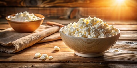 Poster - A bowl of cottage cheese sits on a rustic wooden table, surrounded by a burlap napkin and warm sunlight.
