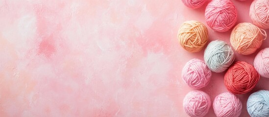 Poster - Yarn Balls Arranged on Soft Pink Background for Crafting and Home Decor Projects with Space for Custom Text
