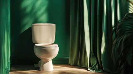 Poster - Minimalist Bathroom Scene with White Toilet and Green Curtains in Natural Light