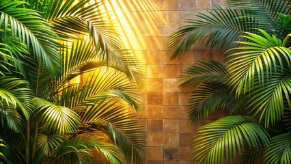 Aufkleber - Tropical palm leaves backlit by the warm glow of sunlight casting shadows on a textured tan tile wall