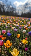 Wall Mural - vibrant tulip field blooms in springtime at a local park under a bright blue sky
