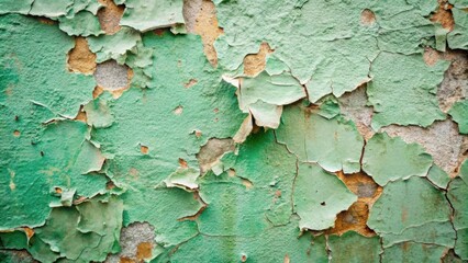 Poster - A close-up view of an aged wall with peeling green paint revealing a rough, textured surface underneath.