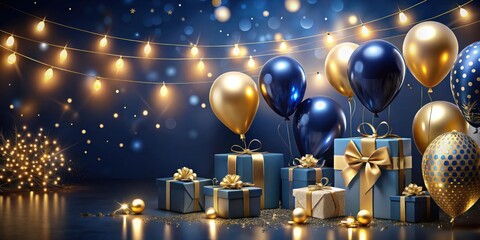 Poster - A festive celebration with golden and blue balloons, presents tied with bows, and shimmering lights on a navy background.