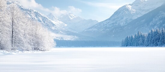 Poster - Winter Landscape of Snow-Covered Alpine Lake with Majestic Mountains and Clear Blue Sky Ideal for Text Overlay and Nature Themes