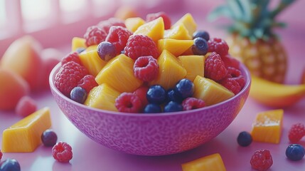 Colorful fruit salad with mango, berries, and mint served in a decorative bowl on a dark countertop