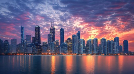Poster - stunning urban sunset with skyscrapers reflecting in water