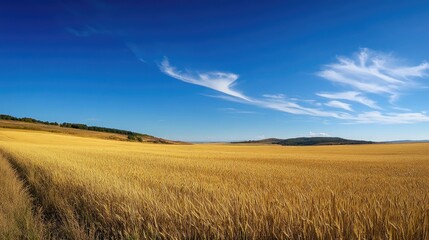 Poster - Ripening Golden Wheat Field Under Clear Blue Sky in Expansive Countryside Landscape