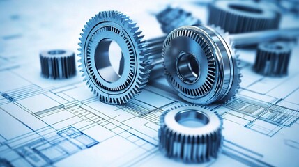 Poster - Detailed Mechanical Blueprint Background with Gear Design Elements