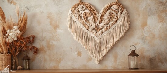 Poster - boho woven heart decoration with fringes ideal for organic events and custom text space on rustic ba