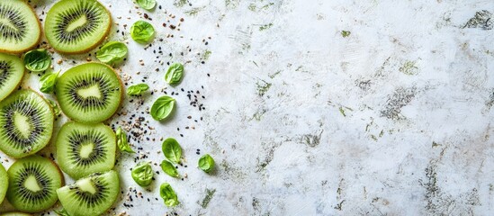 Poster - Fresh green kiwi slices arranged on a textured background with empty space for text or marketing purposes. Ideal for food-themed designs.