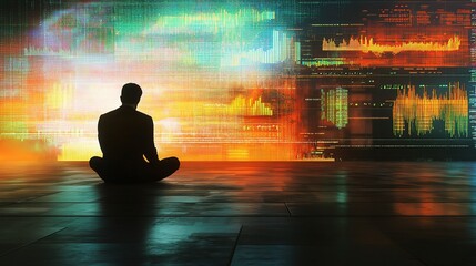 Poster - Silhouette of a Man Facing Digital Data: A man sits in a contemplative pose, his silhouette silhouetted against a vast, vibrant display of digital data.