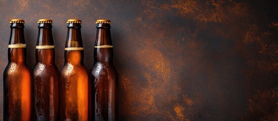 Poster - Craft Beer Bottles on Rustic Background with Foam and Empty Space for Custom Text