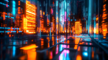 Poster - Illuminated digital cityscape with futuristic neon lights showcasing modern technology and design : Generative AI
