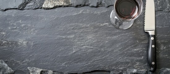 Poster - Top view of a slate background featuring a wine glass and knife with ample empty space for text or branding elements
