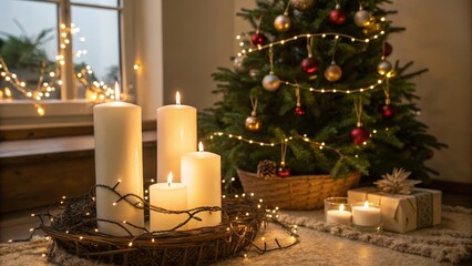 Wall Mural - Beautiful Christmas tree with burning candles on wooden board in living room