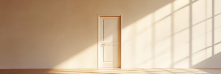 Wall Mural - Minimalist Room Sunlight Door Window - Serene minimalist room, sunlight streaming through a window, illuminating a closed door.  Symbols of peace, simplicity, new beginnings, potential, and light.