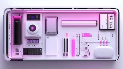 Poster - A sleek, modern arrangement of tech components with a futuristic vibe, featuring pink accents and a clean, organized layout.