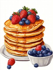 Poster - Delicious stack of golden pancakes topped with fresh strawberries and blueberries on a white plate. Generative AI