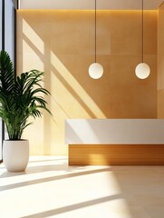 Wall Mural - Modern Minimalist Reception Area - Sunlit reception desk, minimalist design, calming ambiance, natural elements, modern office.