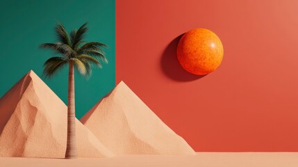 Poster - Abstract Desert Scene with Palm Tree and Geometric Background