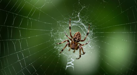 Spider Web Masterpiece: A delicate and intricate spider web, spun with meticulous precision by a solitary spider, hangs suspended in a lush green forest. The web shimmers with dew drops.