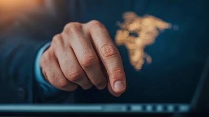 Poster - Businessman Touching Digital World Map on Laptop Screen