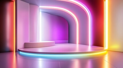 Wall Mural - Neon Arched Room Circular Platform Display - Futuristic, vibrant, colorful, glowing, modern.  Symbolizing innovation, technology, energy, and style.