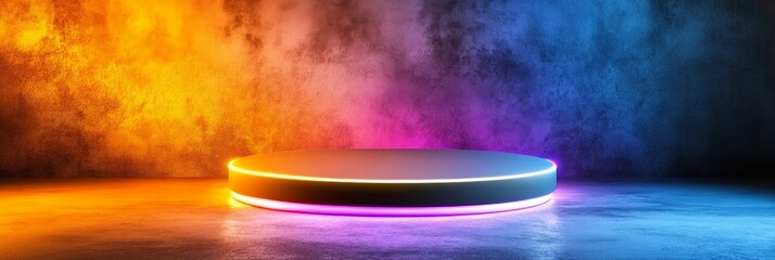 Wall Mural - Neon Lit Circular Platform - Vibrant neon lights illuminate a circular platform, symbolizing display, presentation, energy, future, and technology.