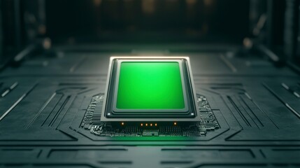 Fototapete - Modern Circuit Board with a Bright Green Processor at Center