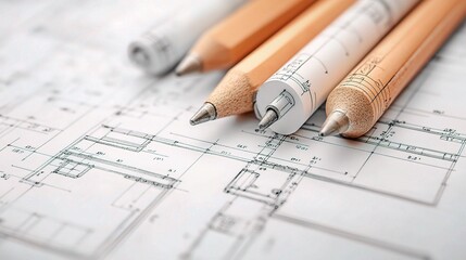 Poster - detailed mechanical blueprint with pencils on technical background