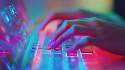 Poster - Hands Typing on Keyboard with Colorful Lighting and Double Exposure