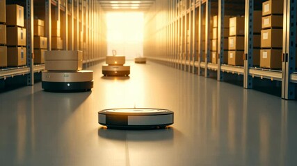 Poster - Autonomous Robot Moving Through Warehouse Aisle With Bright Light At The End