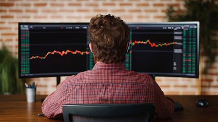 Poster - Person Analyzing Stock Market Trends on Dual Computer Screens