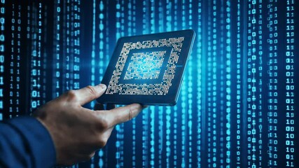 Poster - Hand Holding Digital Circuit Board Against a Background of Binary Code
